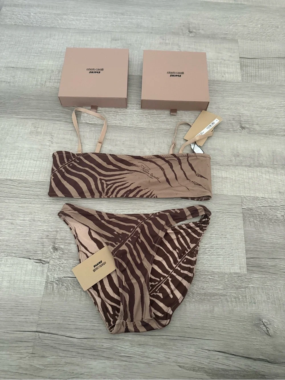 NEW ROBERTO CAVALLI/SKIMS Zebra-Print Bandeau Bikini Top in Light Brown & Tan